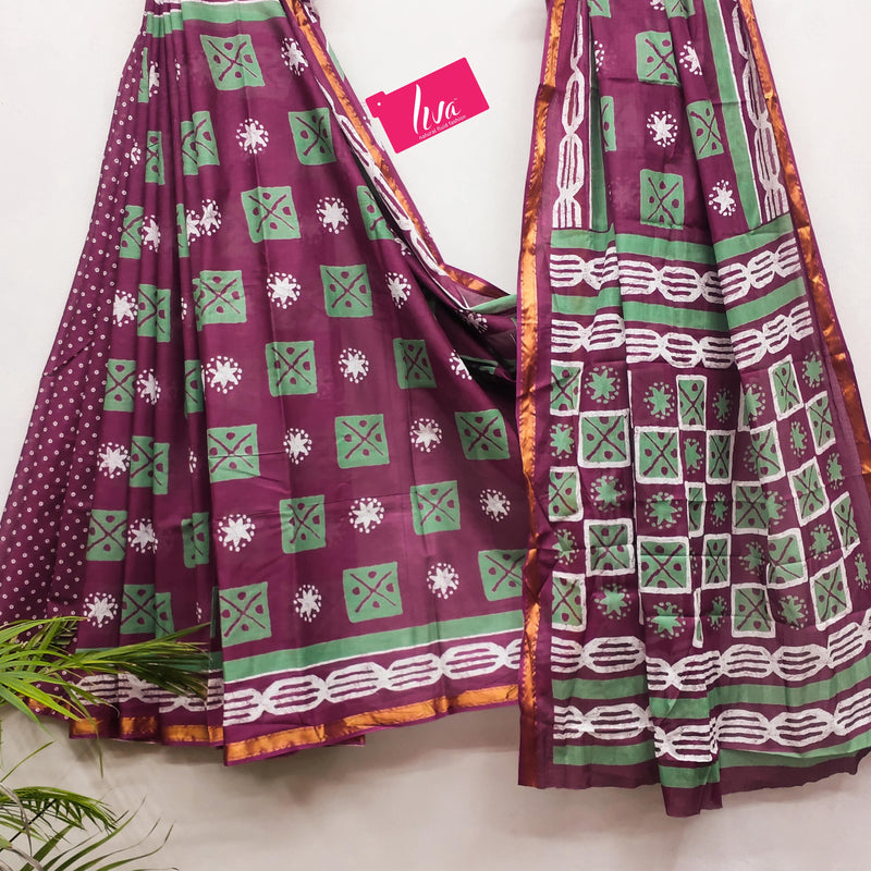 Purple Pure Soft Mal Mal Cotton Bagru Block Print Saree