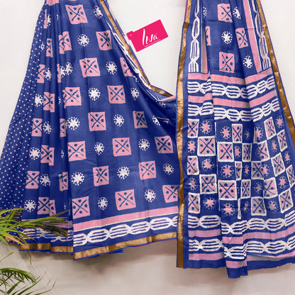 Blue Pure Soft Mal Mal Cotton Bagru Block Print Saree Cotton saree Anant Tex Exports Pvt.Ltd..