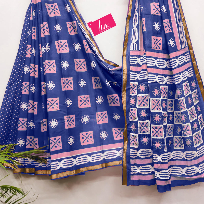 Blue Pure Soft Mal Mal Cotton Bagru Block Print Saree