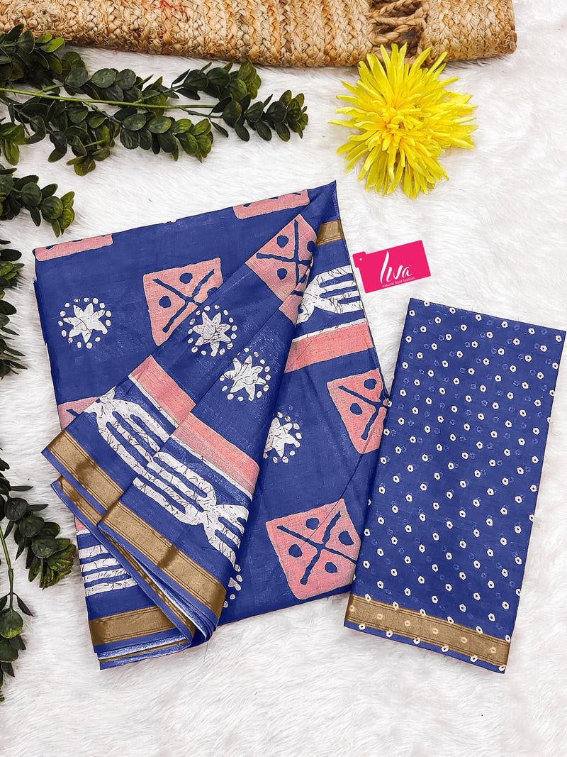 Blue Pure Soft Mal Mal Cotton Bagru Block Print Saree