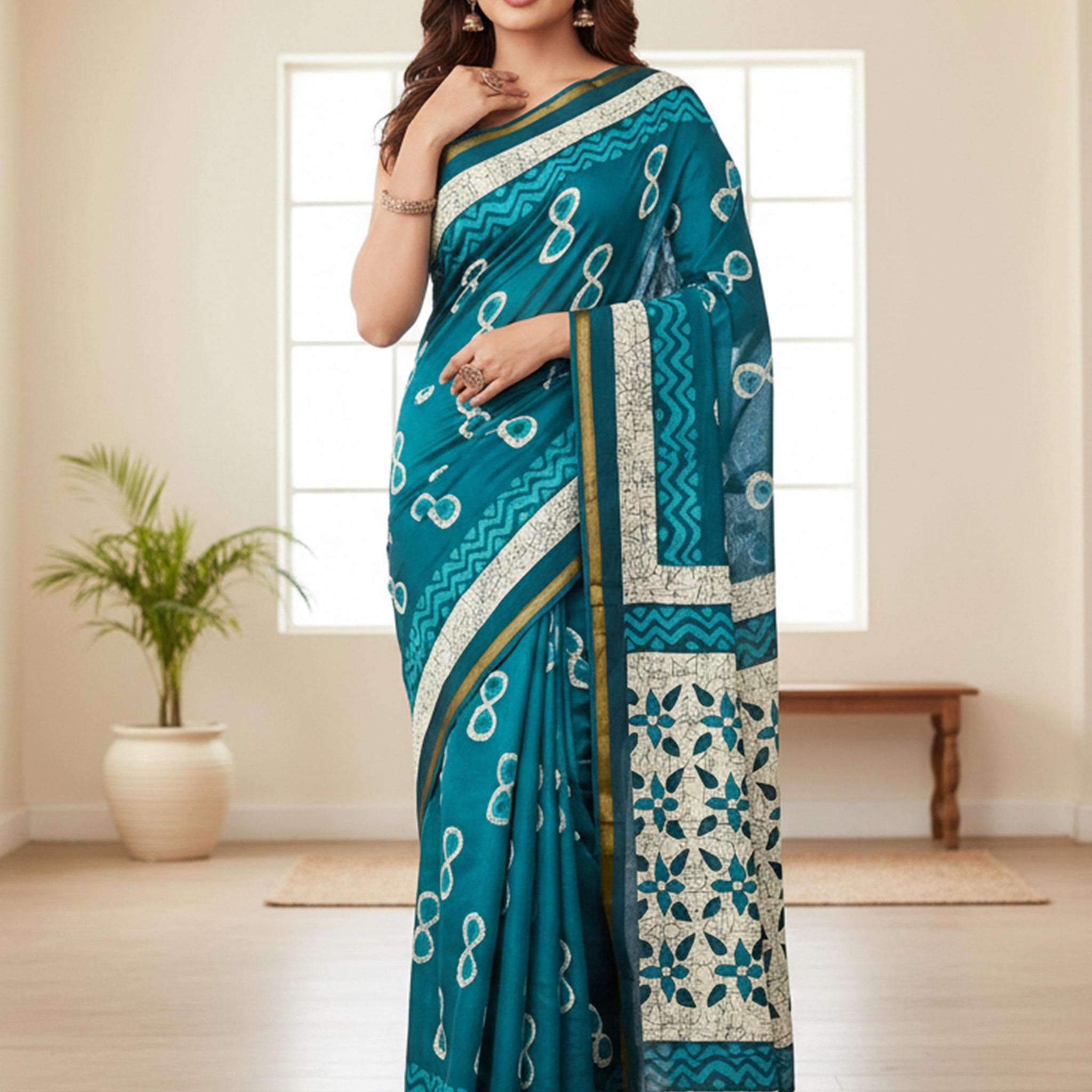 Sky Blue Pure Soft Mal Mal Cotton Bagru Block Print Saree