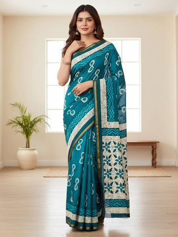 Sky Blue Pure Soft Mal Mal Cotton Bagru Block Print Saree