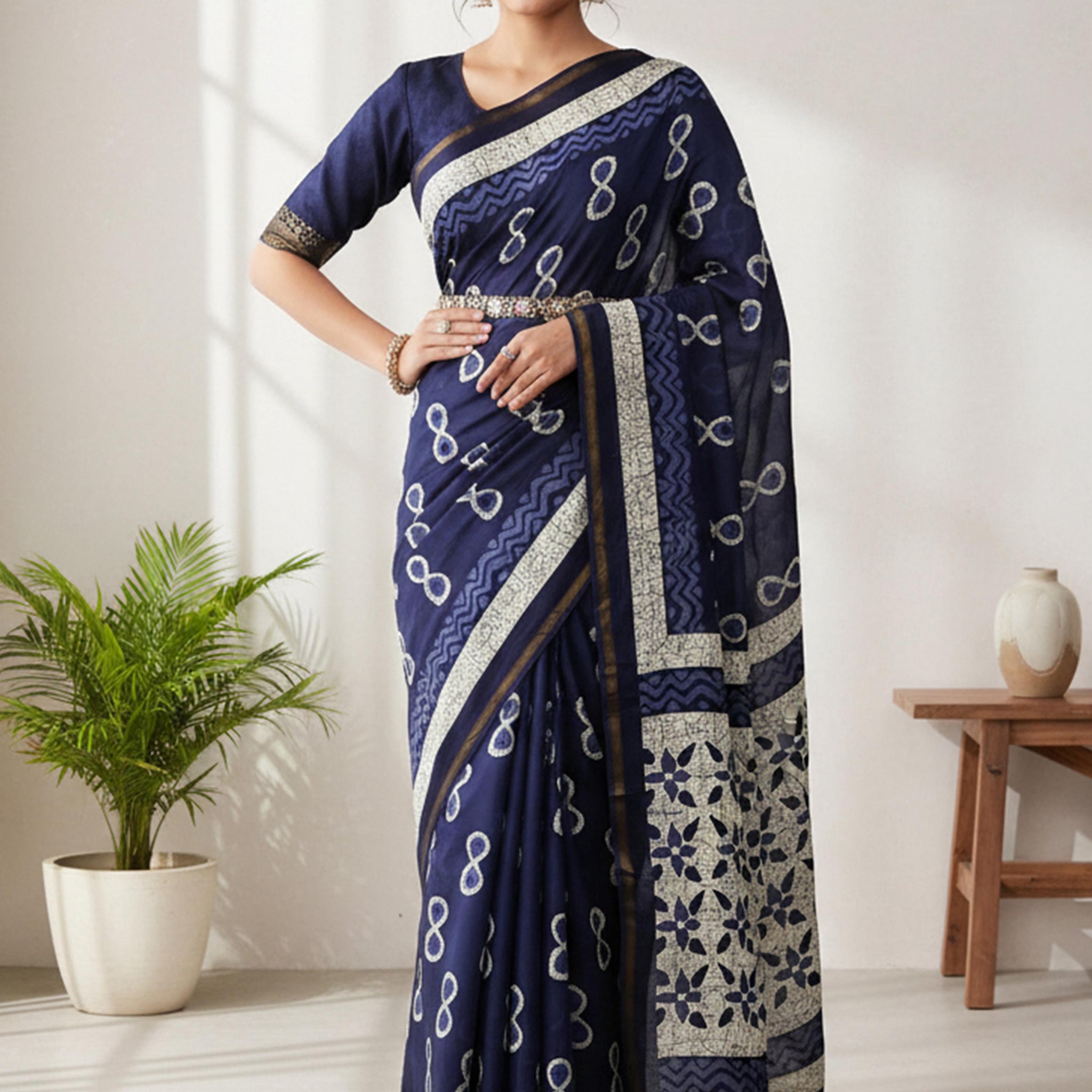 Indigo Blue Pure Soft Mal Mal Cotton Bagru Block Print Saree