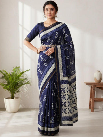 Indigo Blue Pure Soft Mal Mal Cotton Bagru Block Print Saree