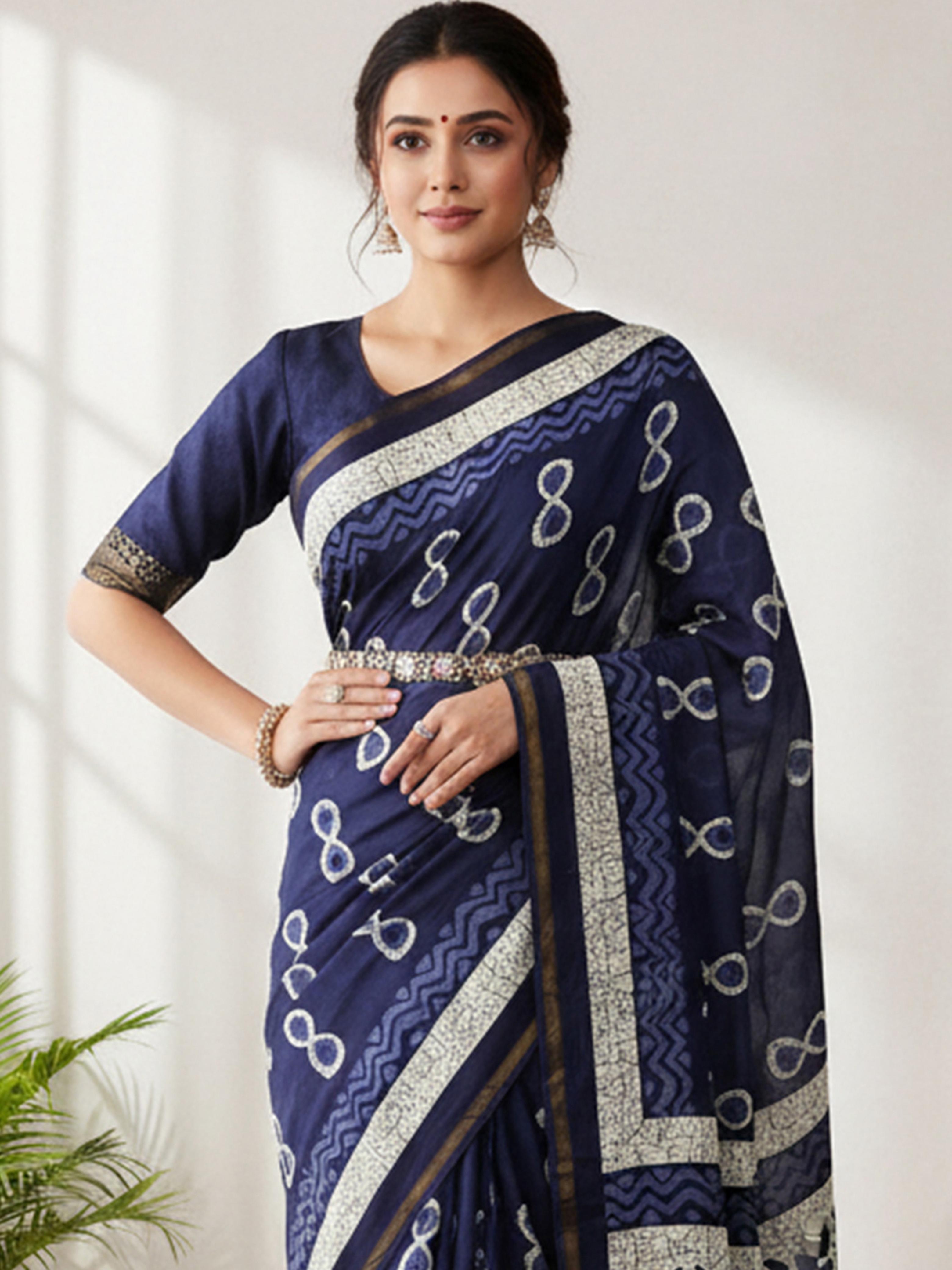 Indigo Blue Pure Soft Mal Mal Cotton Bagru Block Print Saree