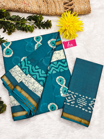 Sky Blue Pure Soft Mal Mal Cotton Bagru Block Print Saree Cotton saree Anant Tex Exports Pvt.Ltd..