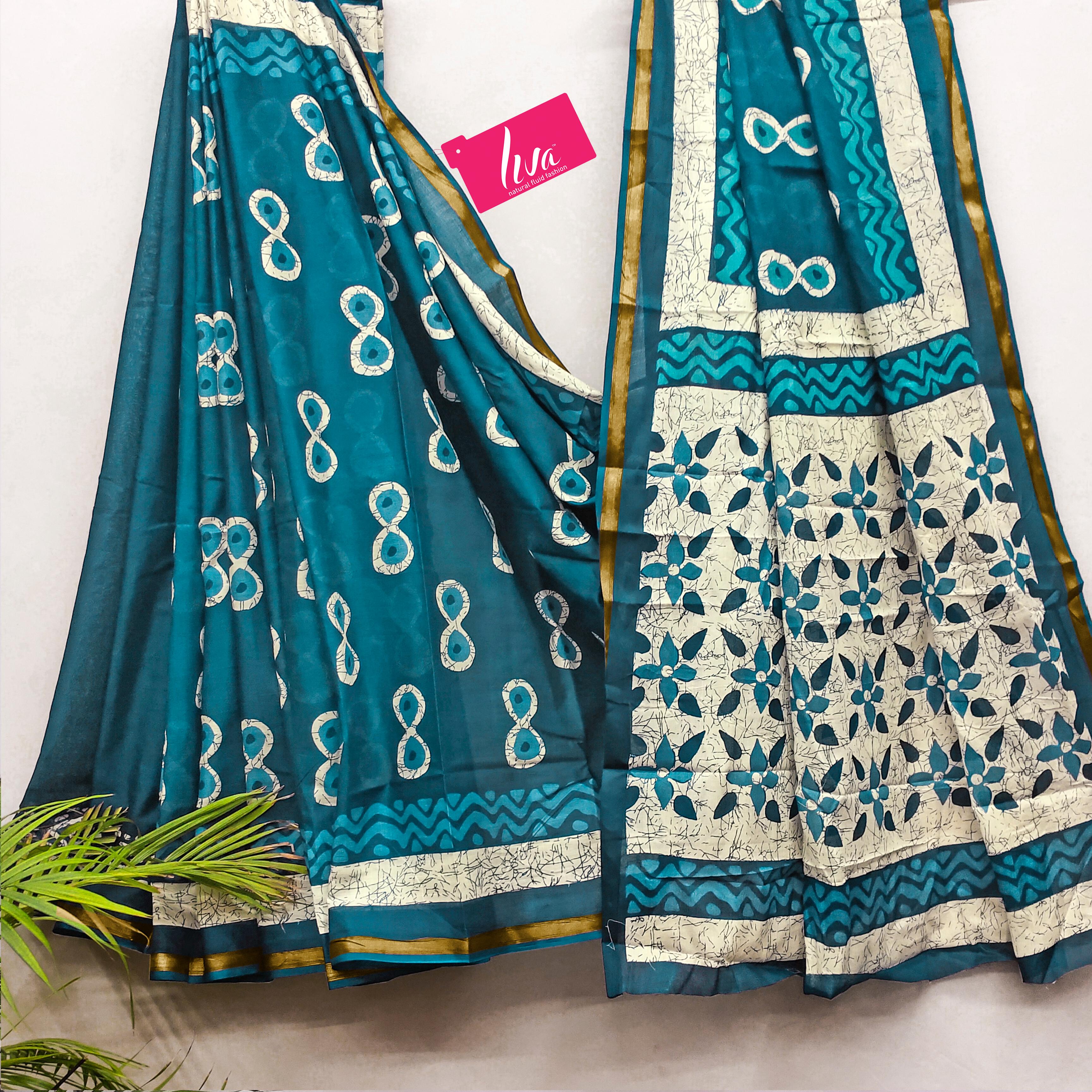 Sky Blue Pure Soft Mal Mal Cotton Bagru Block Print Saree Cotton saree Anant Tex Exports Pvt.Ltd..