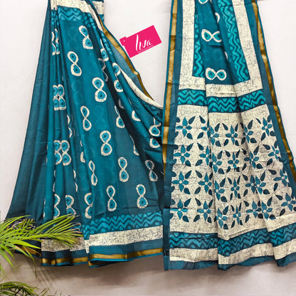 Sky Blue Pure Soft Mal Mal Cotton Bagru Block Print Saree Cotton saree Anant Tex Exports Pvt.Ltd..