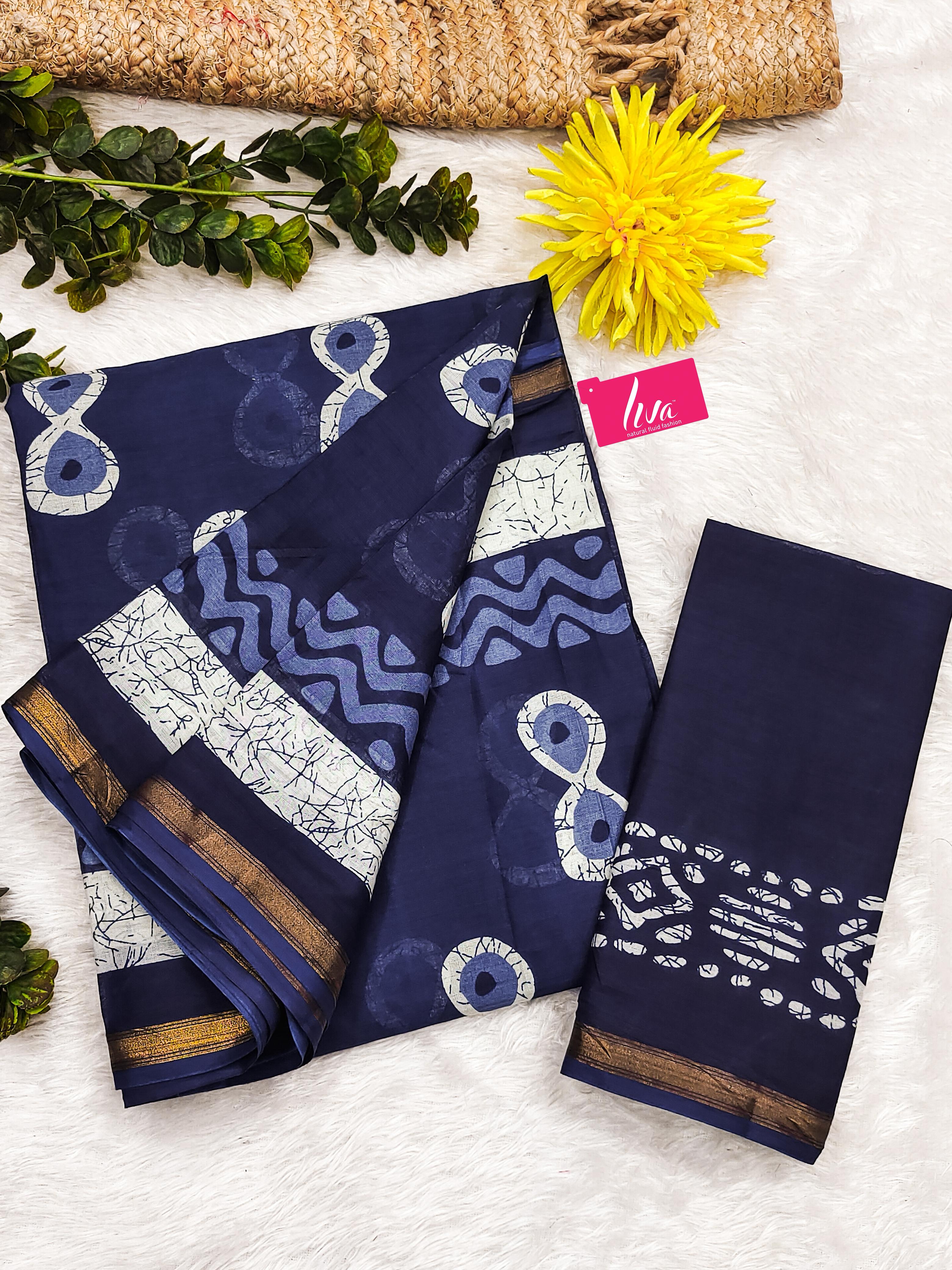 Indigo Blue Pure Soft Mal Mal Cotton Bagru Block Print Saree Cotton saree Anant Tex Exports Pvt.Ltd..