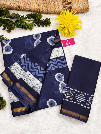 Indigo Blue Pure Soft Mal Mal Cotton Bagru Block Print Saree Cotton saree Anant Tex Exports Pvt.Ltd..