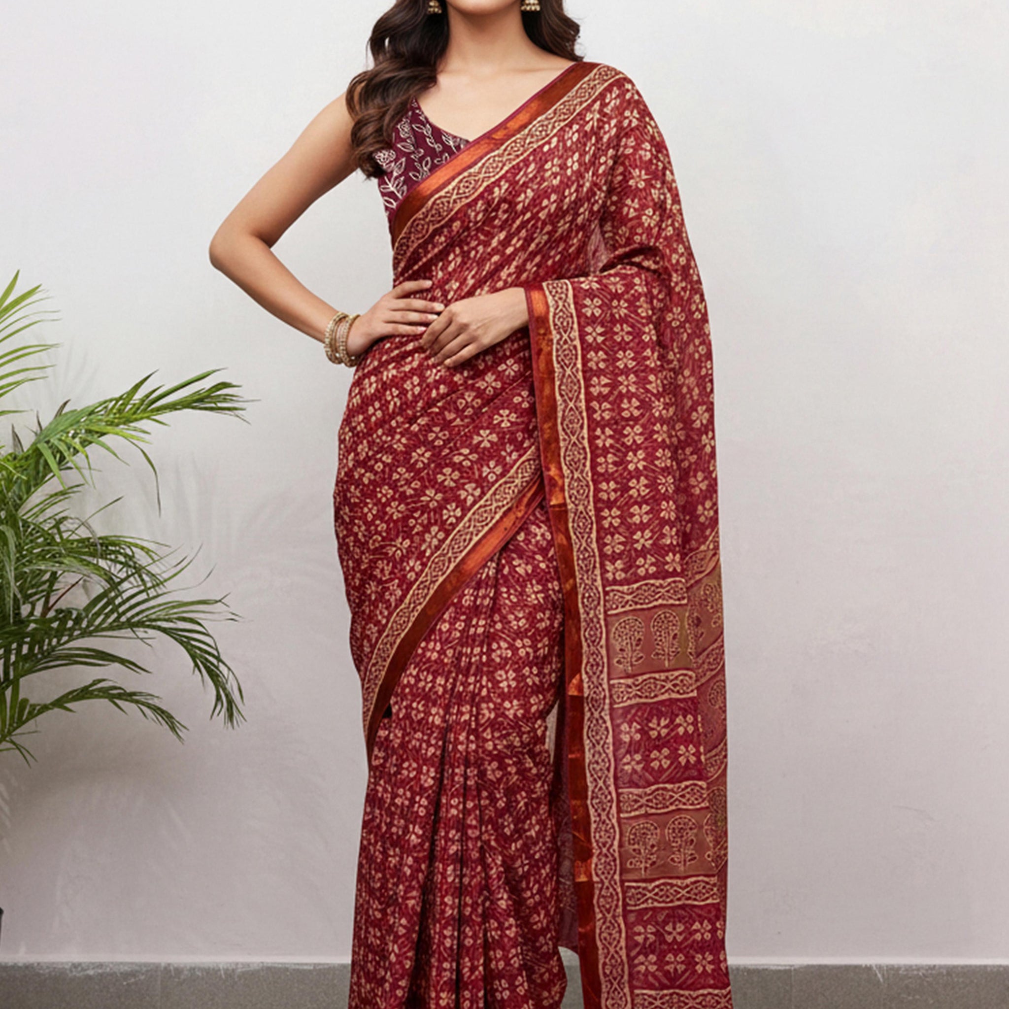 Maroon Pure Soft Mal Mal Cotton Bagru Block Print Saree