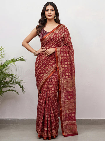 Maroon Pure Soft Mal Mal Cotton Bagru Block Print Saree