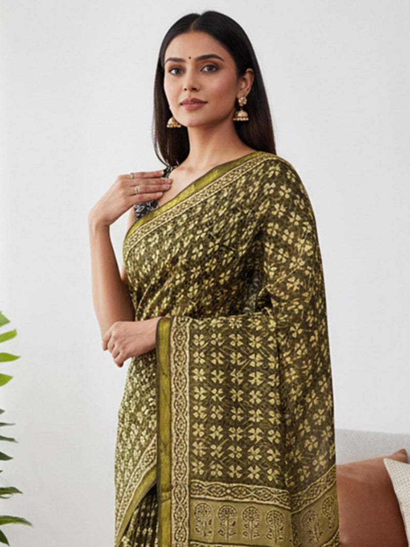 Green Pure Soft Mal Mal Cotton Bagru Block Print Saree