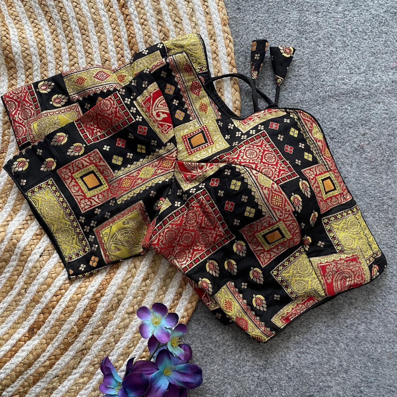 Black Pure Dola Silk Multicolor Blouse