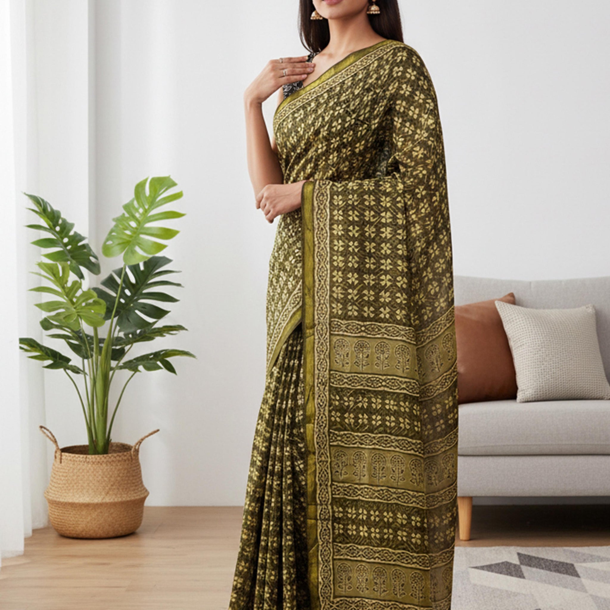 Green Pure Soft Mal Mal Cotton Bagru Block Print Saree