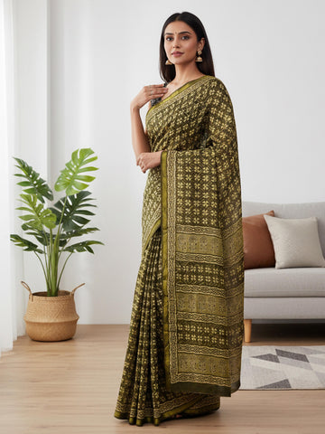 Green Pure Soft Mal Mal Cotton Bagru Block Print Saree