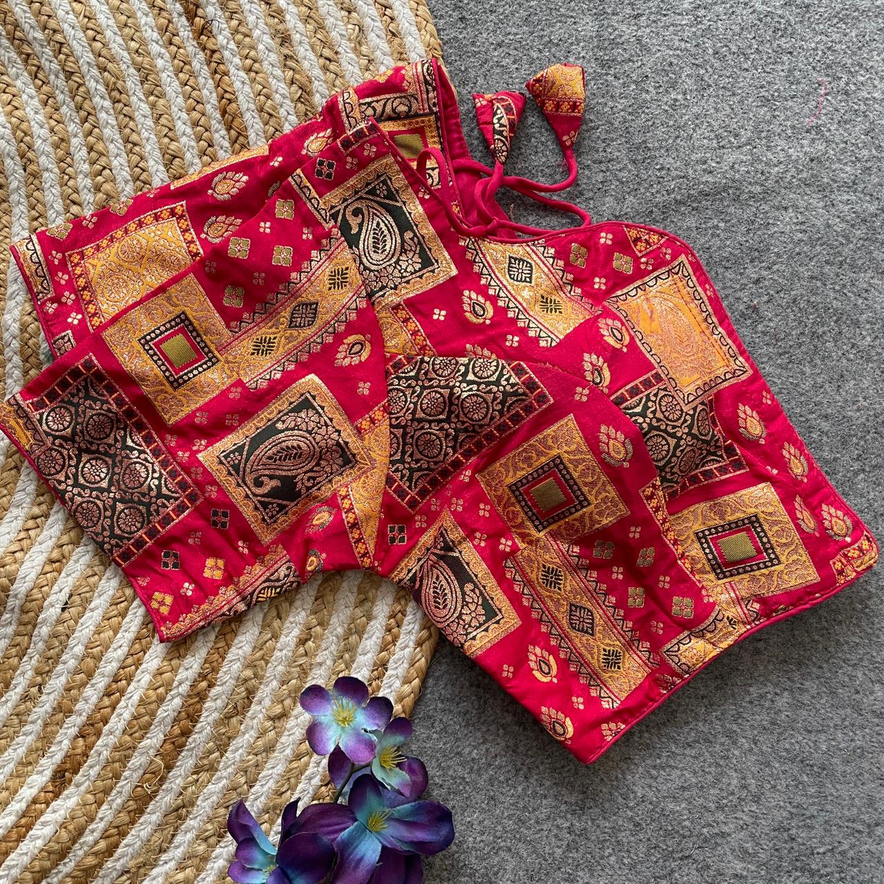 Red Pure Dola Silk Multicolor Blouse