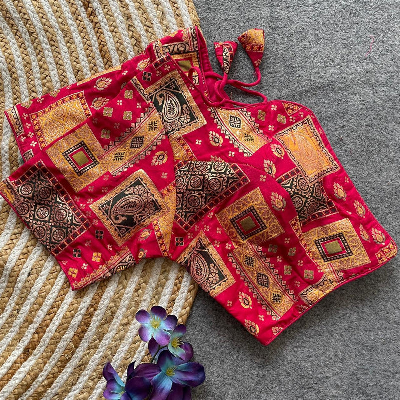 Red Pure Dola Silk Multicolor Blouse