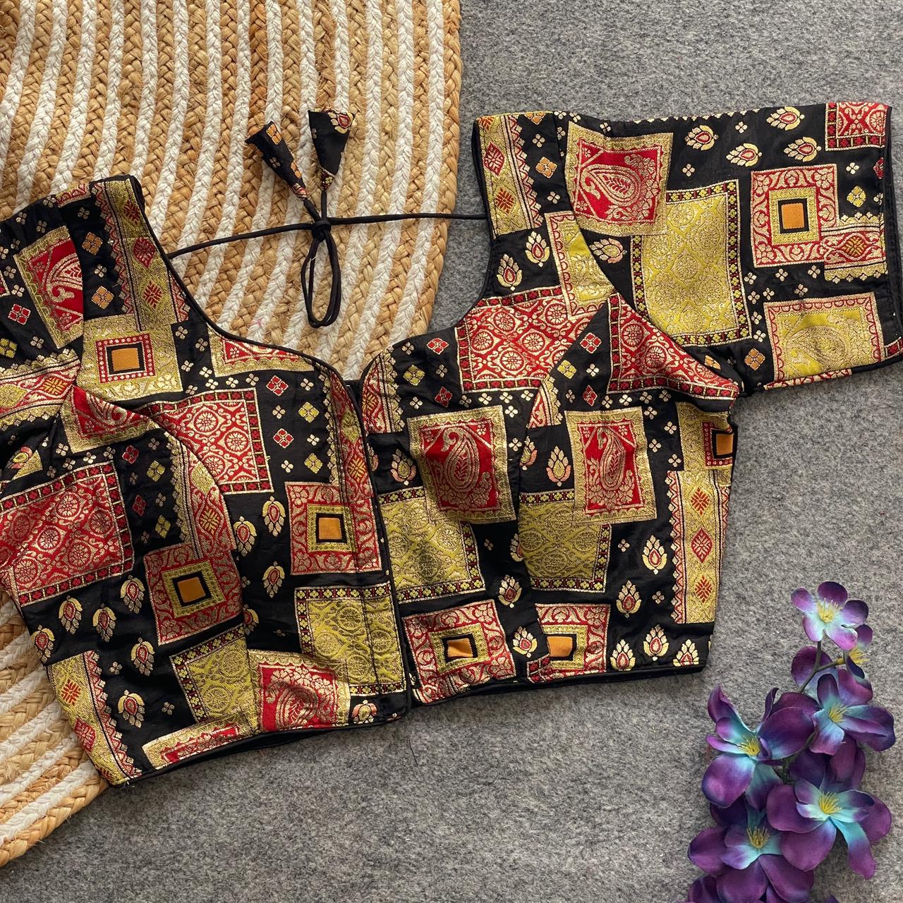 Black Pure Dola Silk Multicolor Blouse