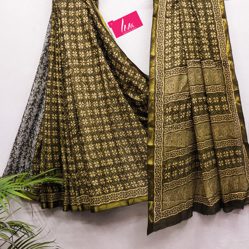Green Pure Soft Mal Mal Cotton Bagru Block Print Saree