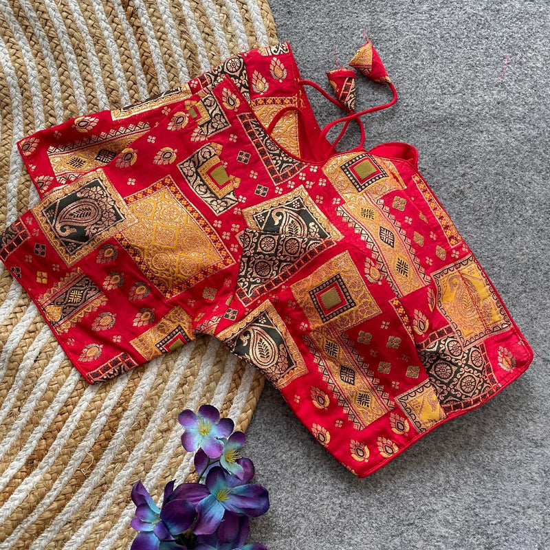 Red Pure Dola Silk Multicolor Blouse