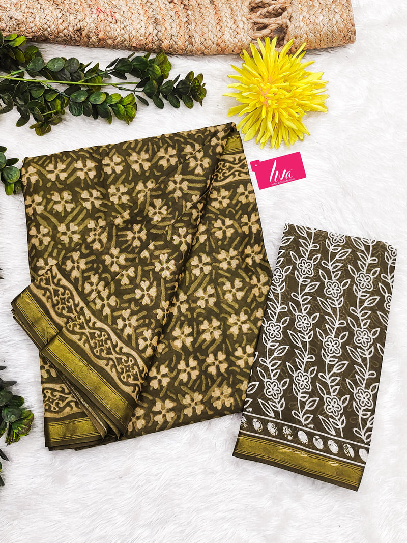 Green Pure Soft Mal Mal Cotton Bagru Block Print Saree