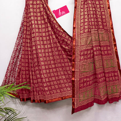 Maroon Pure Soft Mal Mal Cotton Bagru Block Print Saree Cotton saree Anant Tex Exports Pvt.Ltd..