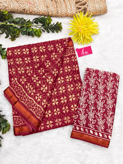 Maroon Pure Soft Mal Mal Cotton Bagru Block Print Saree Cotton saree Anant Tex Exports Pvt.Ltd..