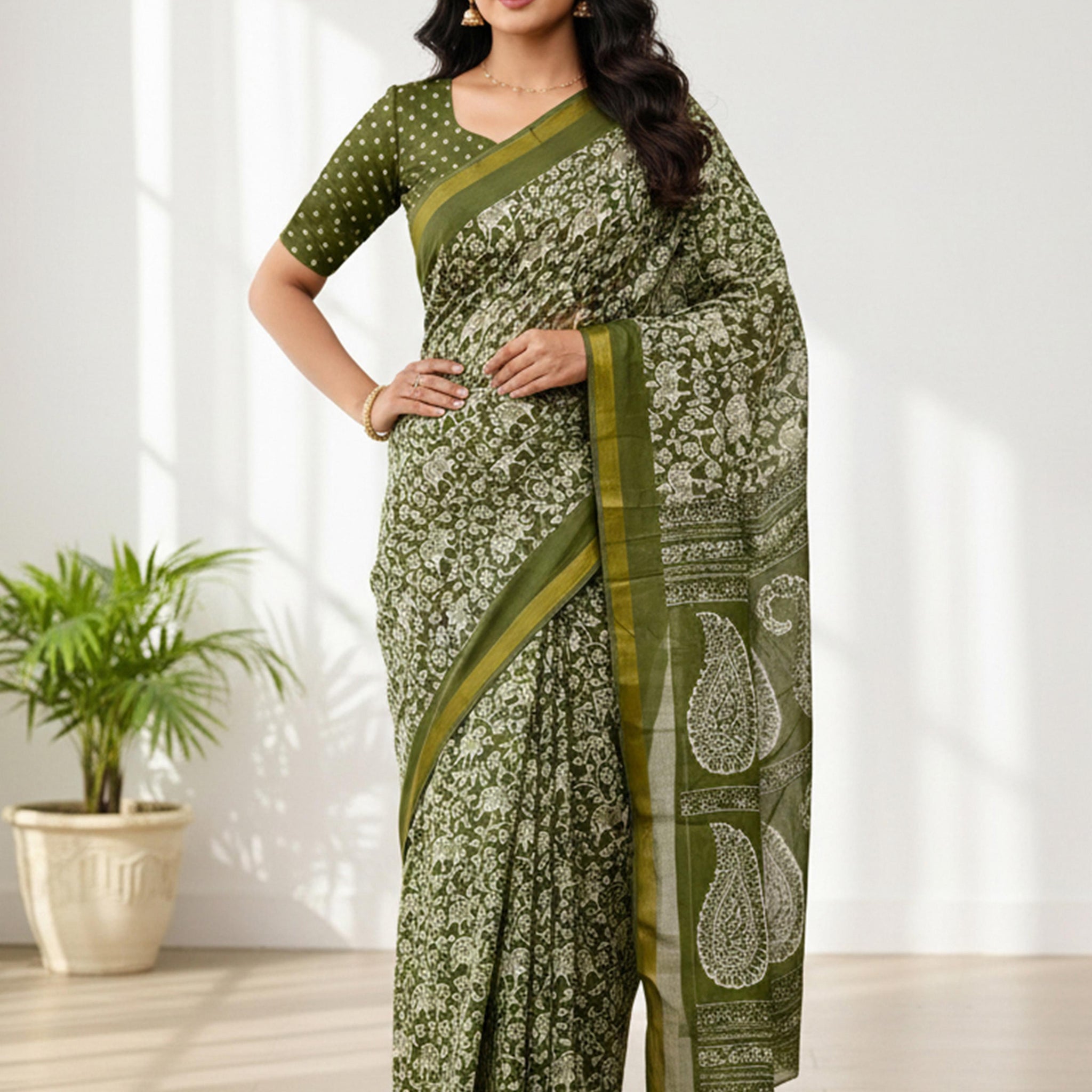 Green Pure Soft Mal Mal Cotton Bagru Block Print Saree