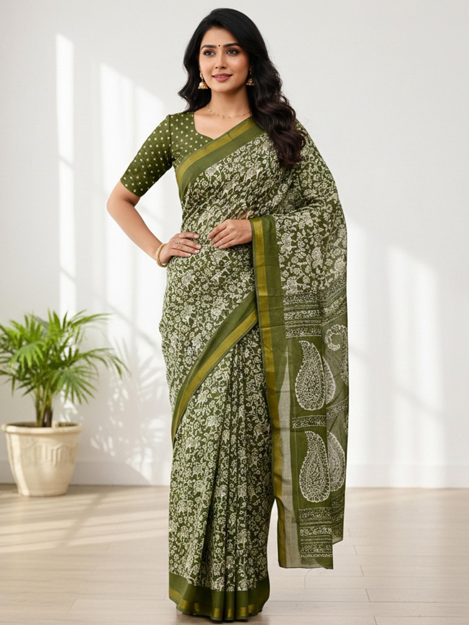Green Pure Soft Mal Mal Cotton Bagru Block Print Saree Cotton saree Anant Tex Exports Pvt.Ltd..