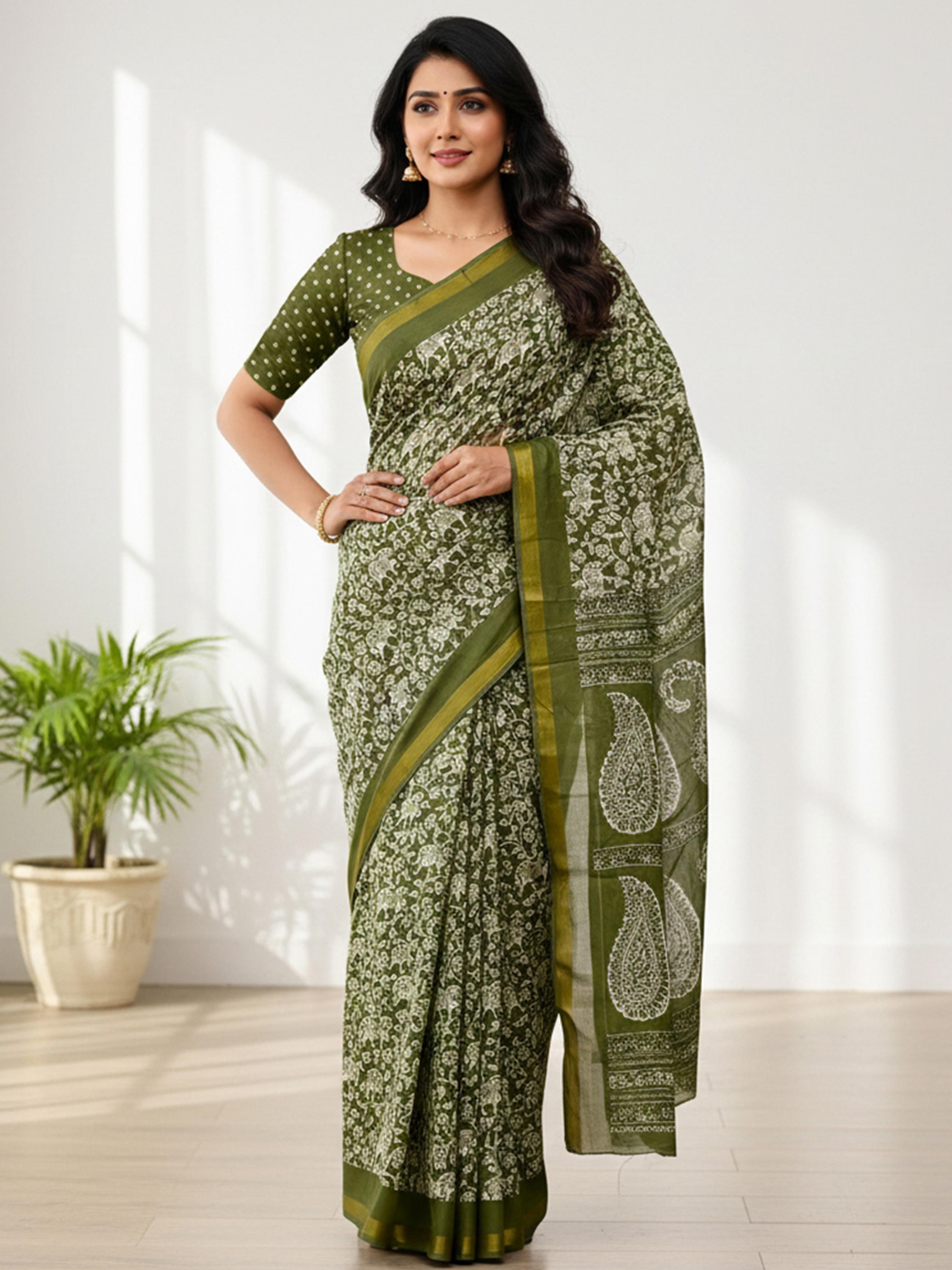 Green Pure Soft Mal Mal Cotton Bagru Block Print Saree