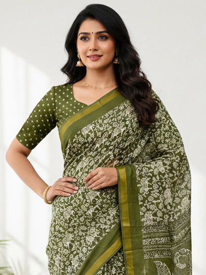Green Pure Soft Mal Mal Cotton Bagru Block Print Saree Cotton saree Anant Tex Exports Pvt.Ltd..