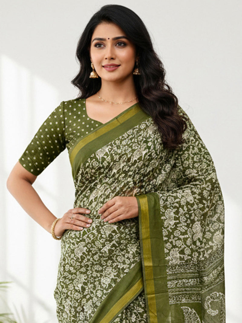 Green Pure Soft Mal Mal Cotton Bagru Block Print Saree