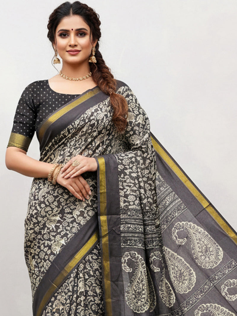 Black Pure Soft Mal Mal Cotton Bagru Block Print Saree