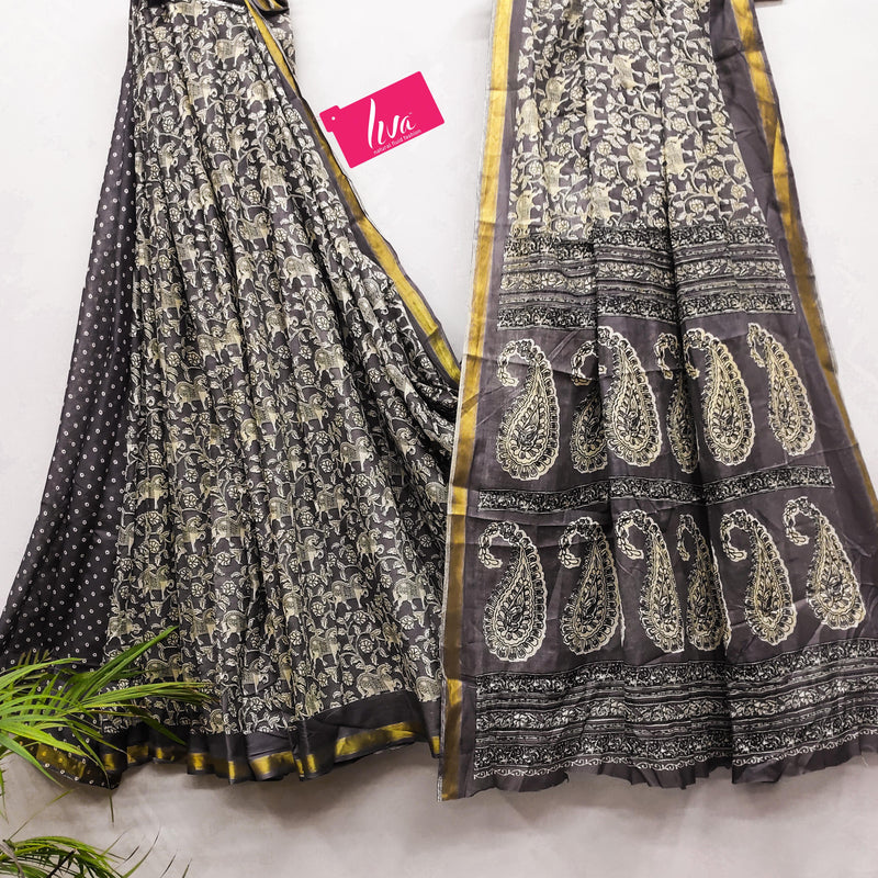 Black Pure Soft Mal Mal Cotton Bagru Block Print Saree