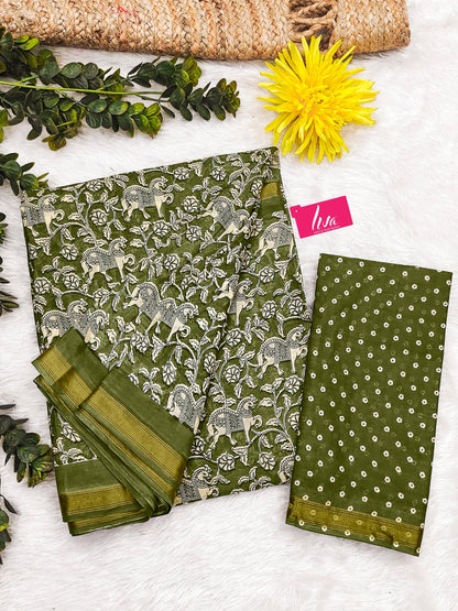 Green Pure Soft Mal Mal Cotton Bagru Block Print Saree Cotton saree Anant Tex Exports Pvt.Ltd..