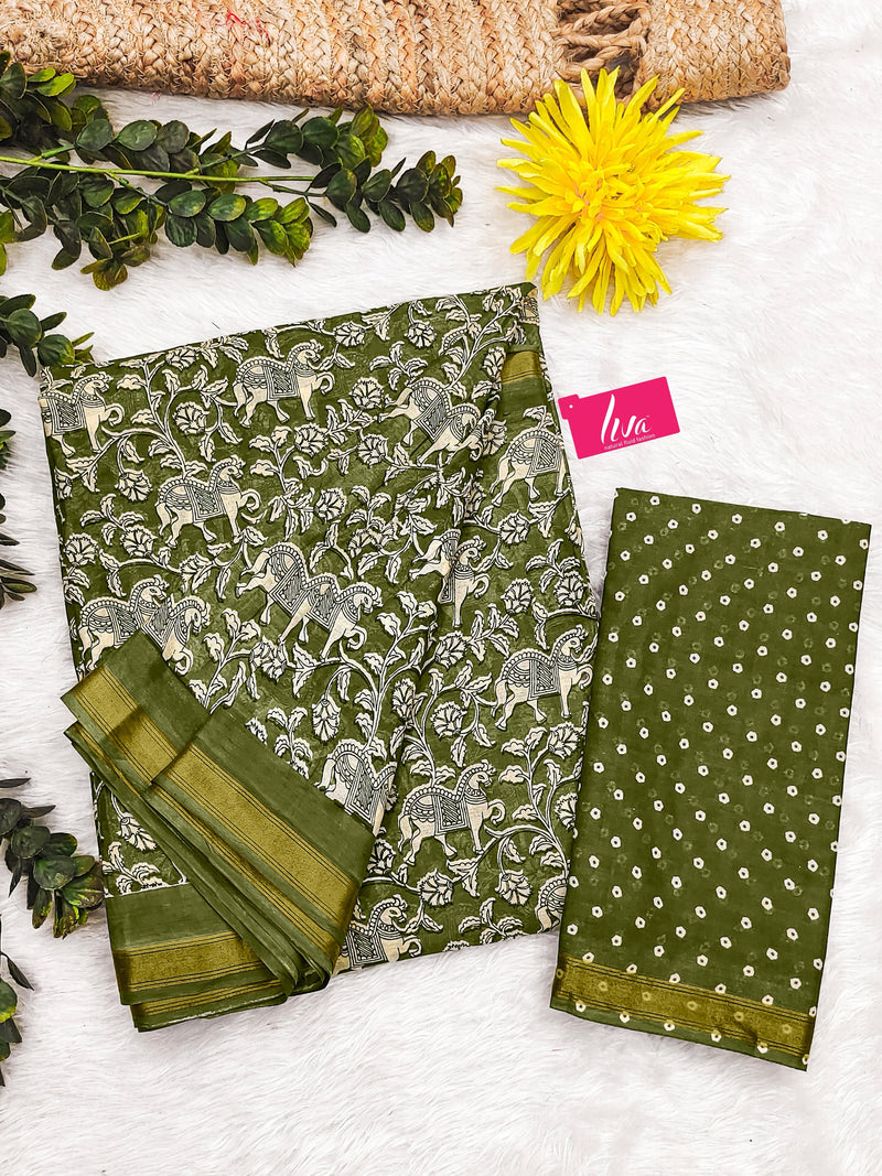 Green Pure Soft Mal Mal Cotton Bagru Block Print Saree