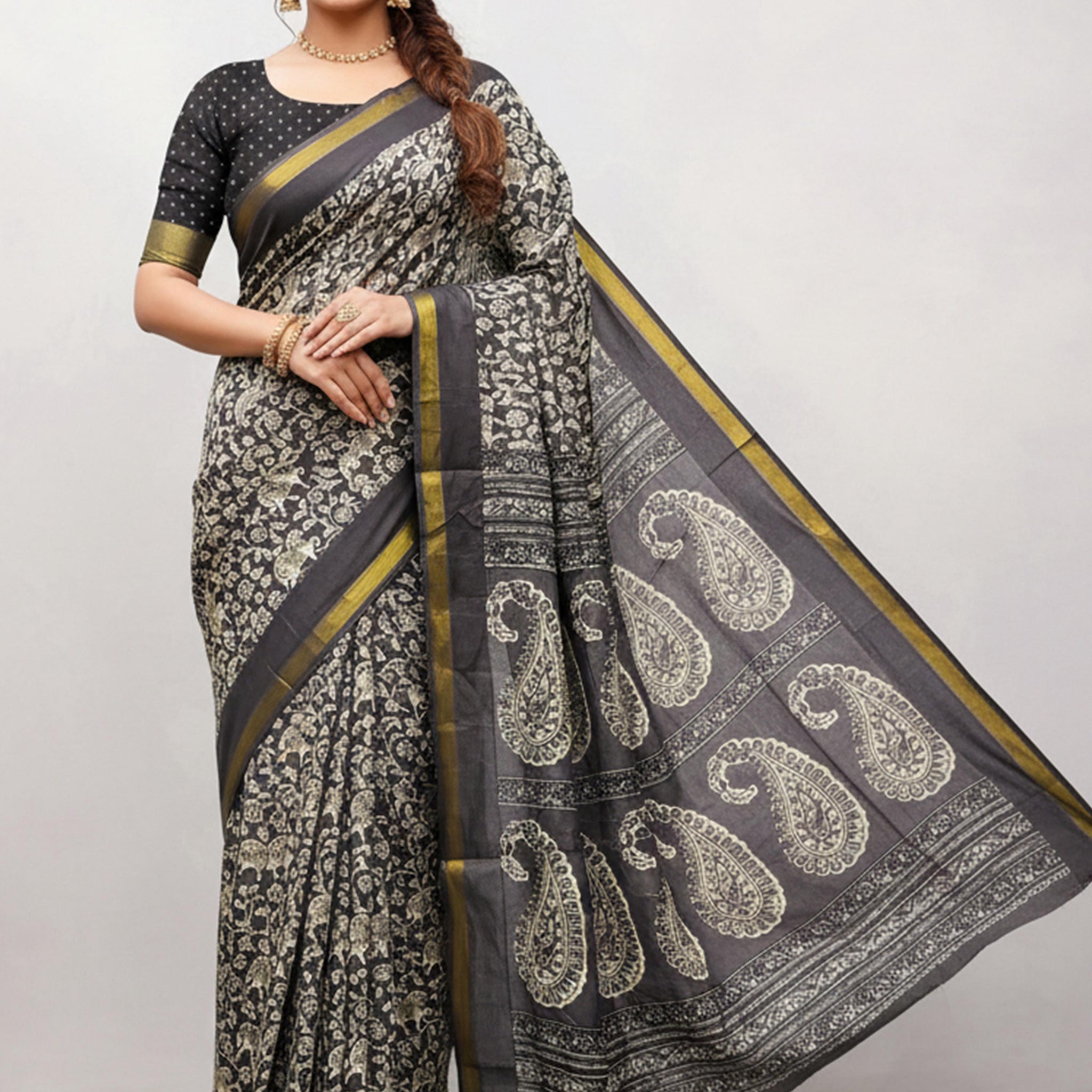 Black Pure Soft Mal Mal Cotton Bagru Block Print Saree