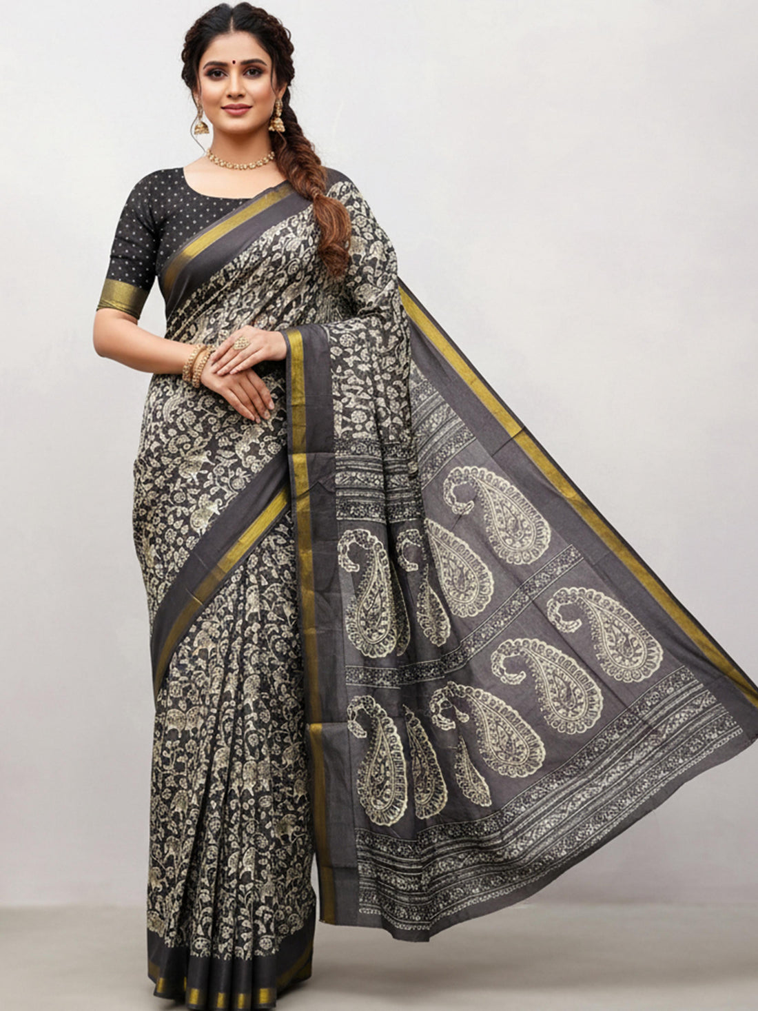 Black Pure Soft Mal Mal Cotton Bagru Block Print Saree Cotton saree Anant Tex Exports Pvt.Ltd..