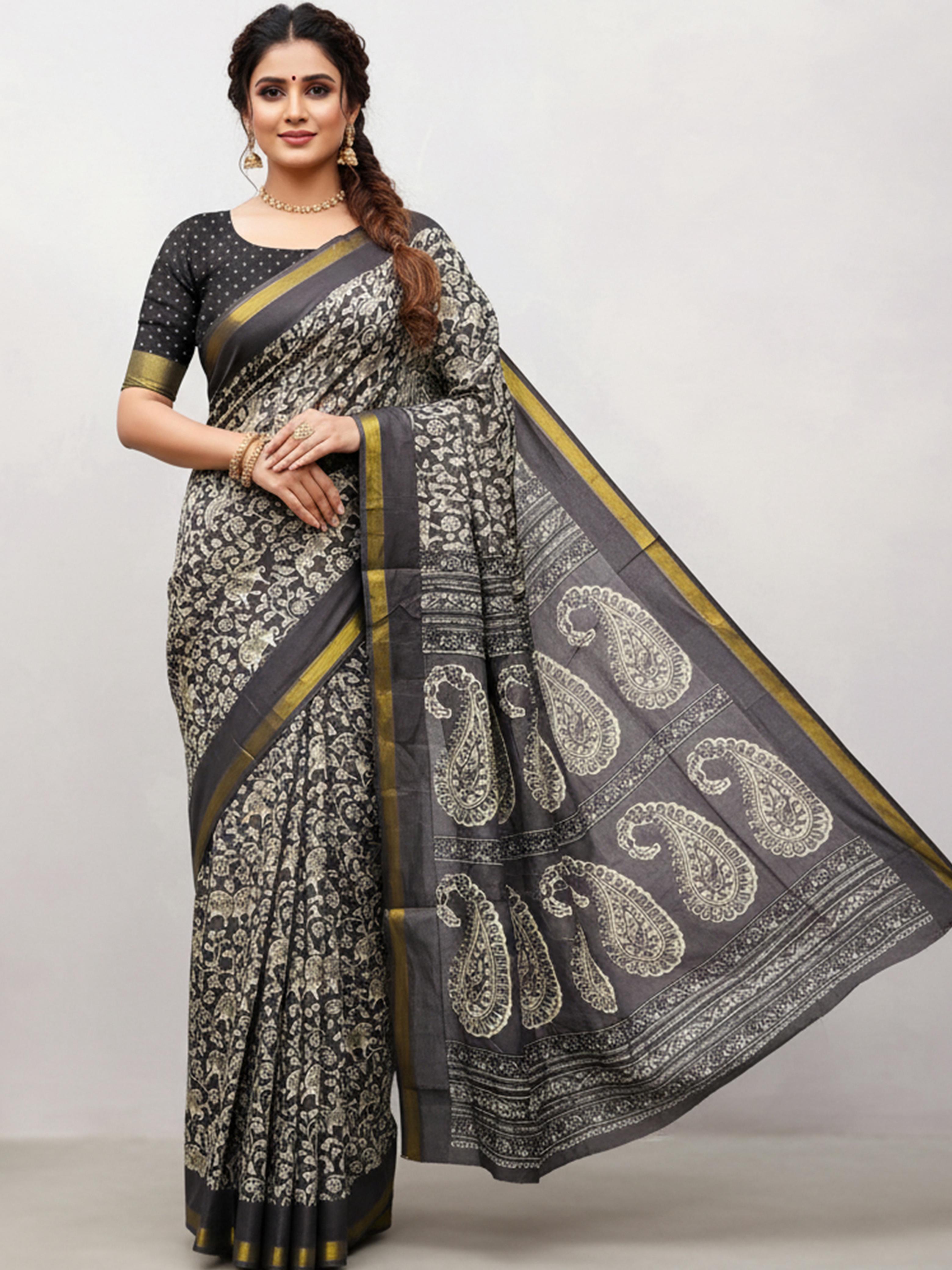 Black Pure Soft Mal Mal Cotton Bagru Block Print Saree