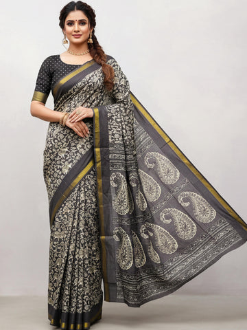 Black Pure Soft Mal Mal Cotton Bagru Block Print Saree