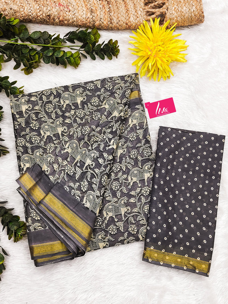 Black Pure Soft Mal Mal Cotton Bagru Block Print Saree