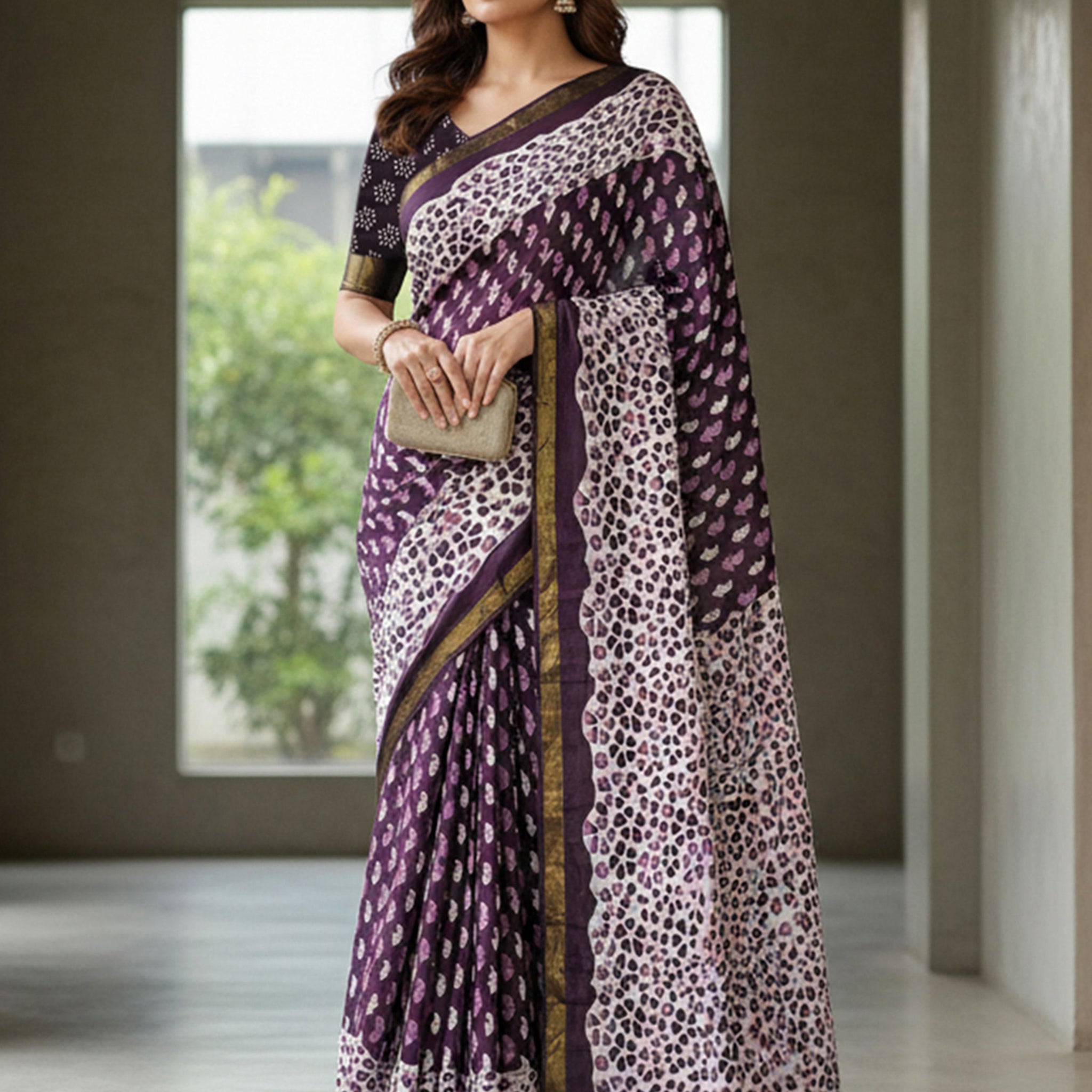Purple Pure Soft Mal Mal Cotton Bagru Block Print Saree