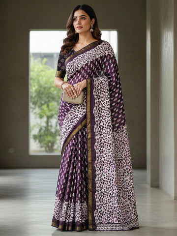 Purple Pure Soft Mal Mal Cotton Bagru Block Print Saree