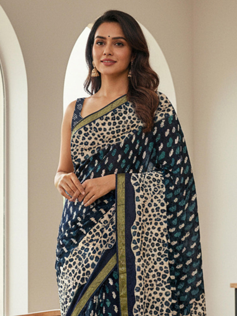 Indigo Pure Soft Mal Mal Cotton Bagru Block Print Saree