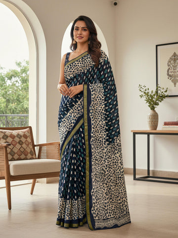 Indigo Pure Soft Mal Mal Cotton Bagru Block Print Saree