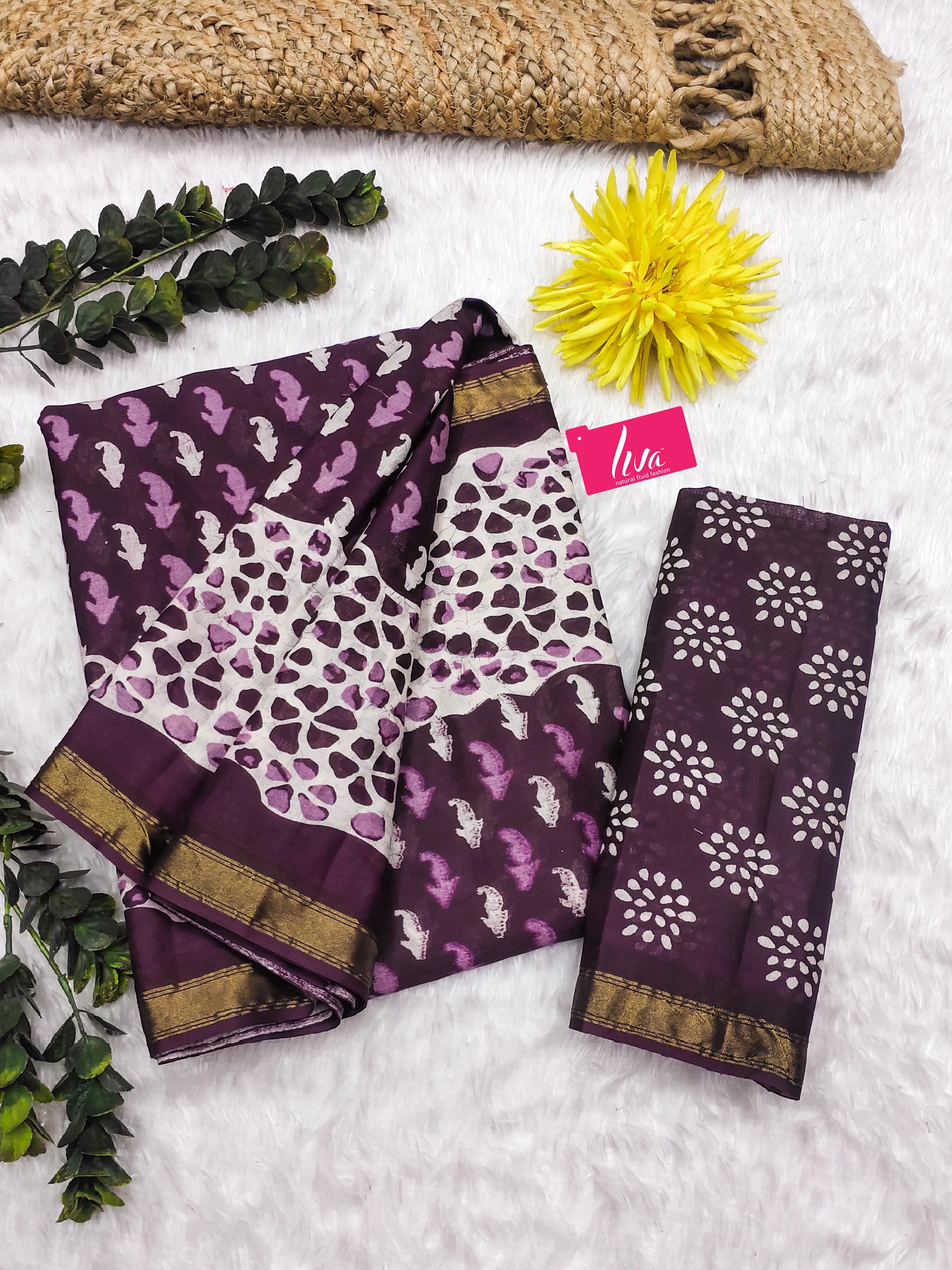Purple Pure Soft Mal Mal Cotton Bagru Block Print Saree Cotton saree Anant Tex Exports Pvt.Ltd..