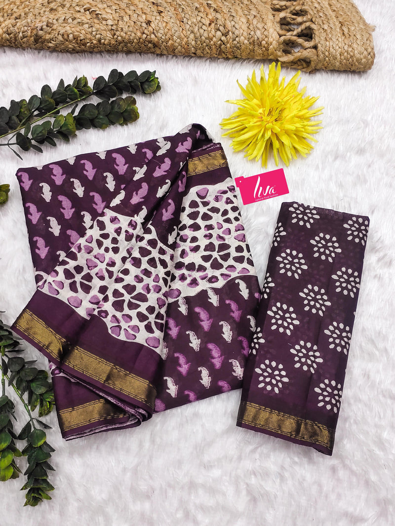 Purple Pure Soft Mal Mal Cotton Bagru Block Print Saree