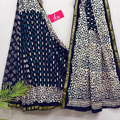 Indigo Pure Soft Mal Mal Cotton Bagru Block Print Saree Cotton saree Anant Tex Exports Pvt.Ltd..