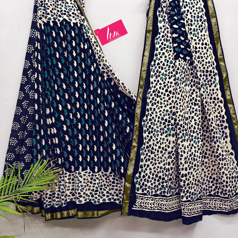 Indigo Pure Soft Mal Mal Cotton Bagru Block Print Saree